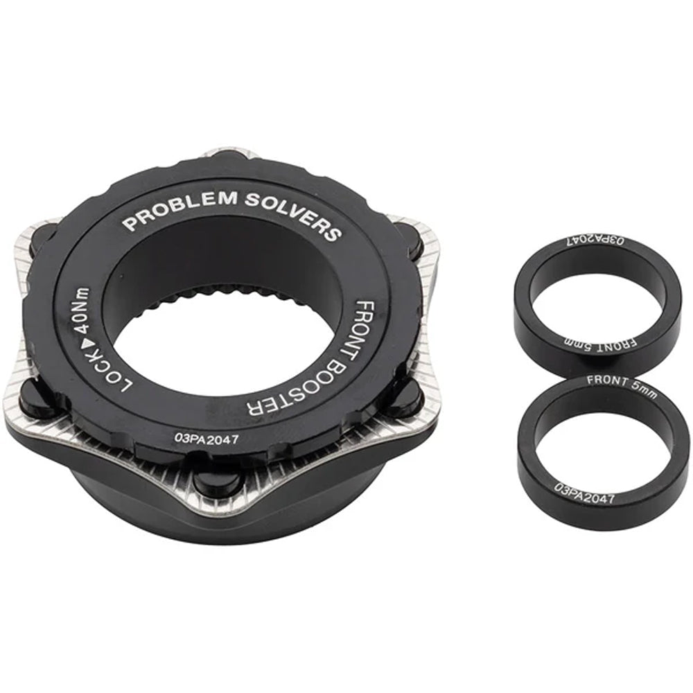"Problem Solvers Booster CenterLock Front Hub Adapter Kit - converts 142mm CenterLock rear hub to 148mm
6-bolt disc rotor is required"
